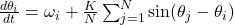 \frac{d\theta_i}{dt} = \omega_i + \frac{K}{N}\sum_{j=1}^N \sin(\theta_j - \theta_i)